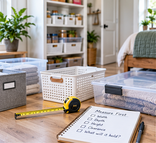Storage bins in different shapes and sizes beside a tape measure and measurement checklist. Storage bin size guide