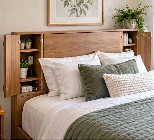 Bed with storage headboard and concealed side compartments