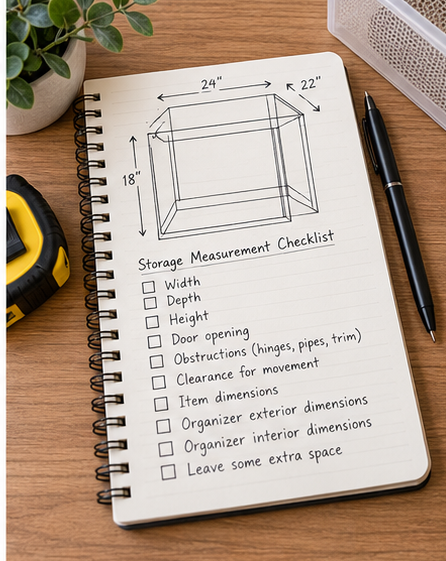 Storage measurement checklist with cabinet sketch, tape measure and dimensions