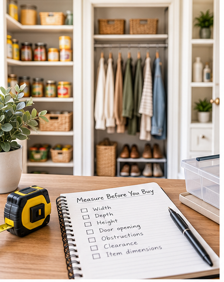 Measuring tape and storage checklist beside organized cabinet, pantry and closet spaces