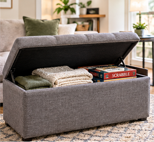 Upholstered storage ottoman open with folded blankets and games inside
