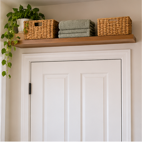 Shelf above interior door with baskets and folded linens