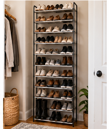 Tall 10-tier shoe rack for small spaces