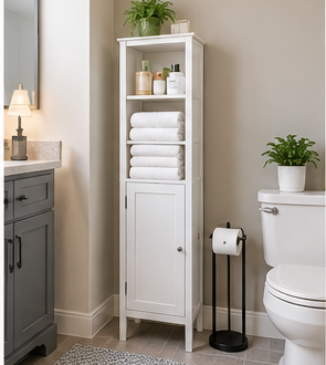 Tall narrow bathroom storage cabinet beside toilet