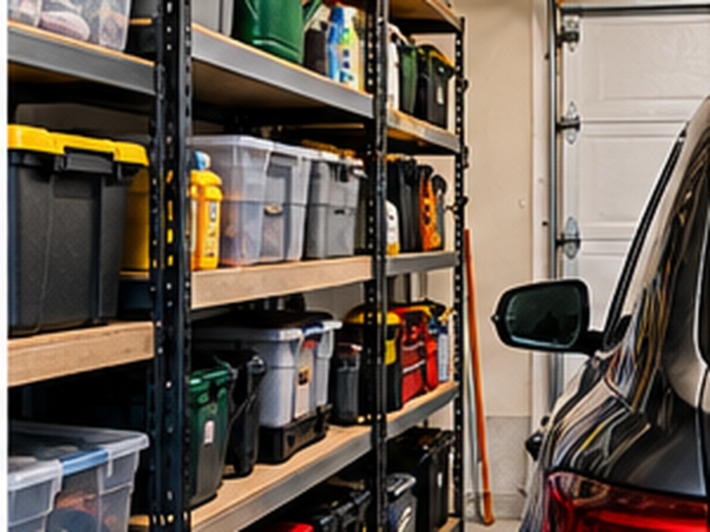 Tall narrow garage shelving beside a parked car with storage bins and tools