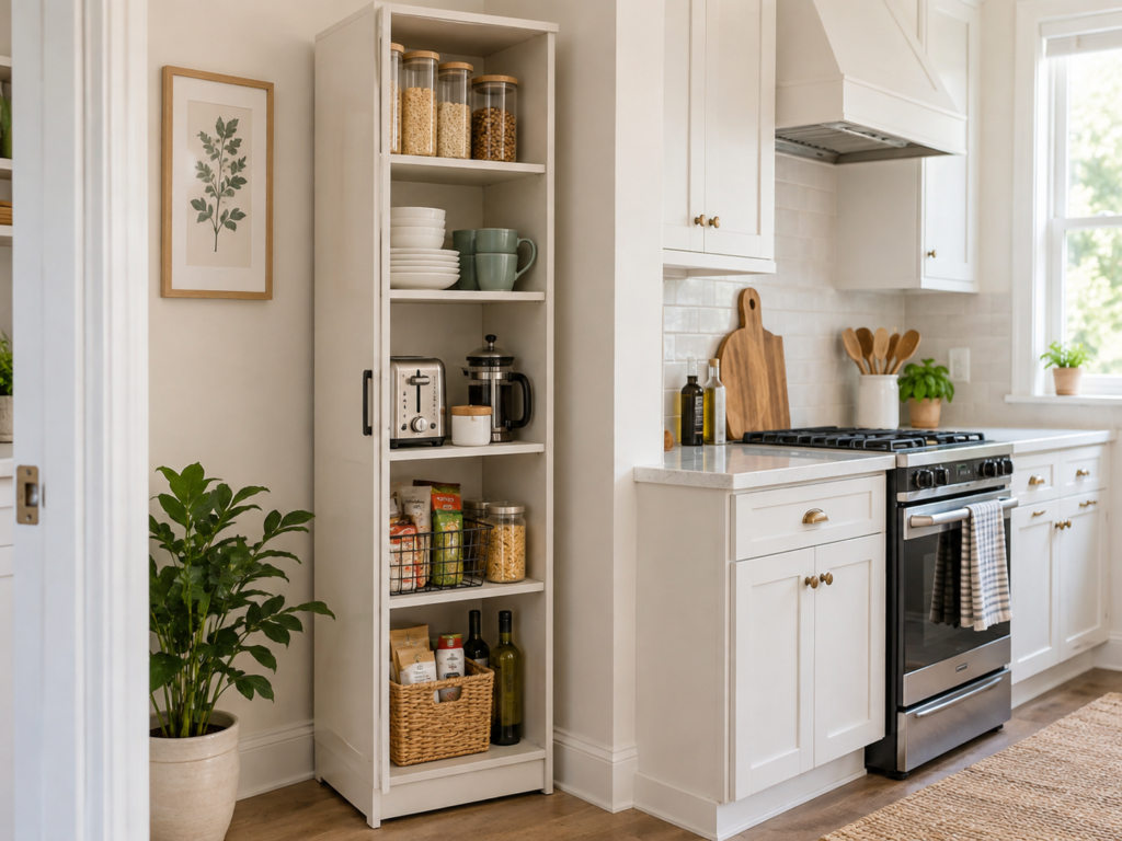 Tall narrow freestanding pantry cabinet in a small kitchen