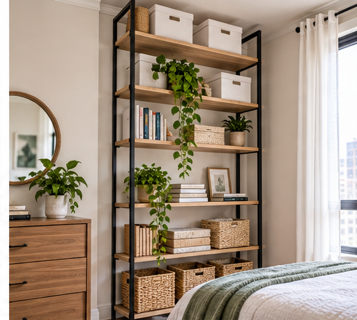 Tall shelving for vertical storage in a small apartment