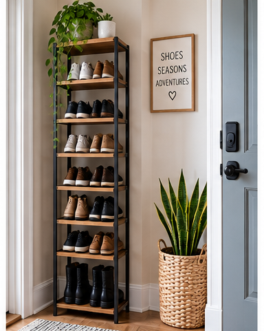 Tall vertical shoe rack in a narrow entryway