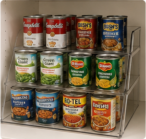 Tiered pantry organizer displaying canned foods