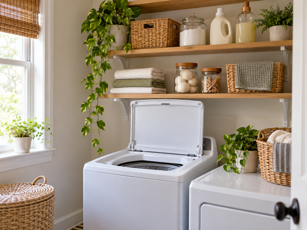 Open shelves installed above a top-load washer with room for the lid to open