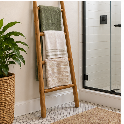 Wooden towel ladder in a small bathroom