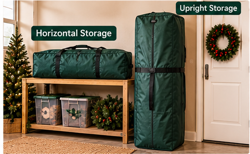 Horizontal and upright Christmas tree storage bags compared side by side