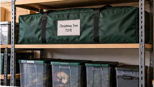 Artificial Christmas tree storage bag placed on raised shelving above the floor