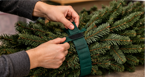 Artificial Christmas tree branches secured gently with reusable storage straps
