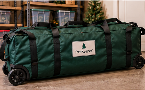Heavy-duty rolling Christmas tree storage duffel with oversized wheels