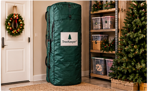 Artificial Christmas tree stored vertically inside an upright tree storage bag