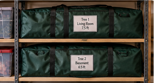 Two artificial Christmas tree storage bags labeled for separate tree sections