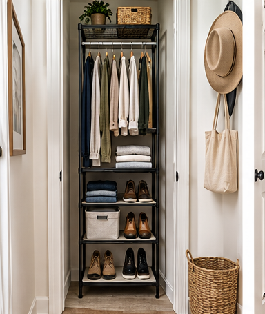Narrow vertical closet organizer for a small closet