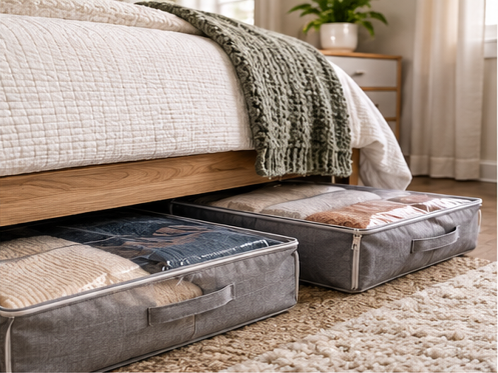 Under-bed clothing storage cases in a small bedroom