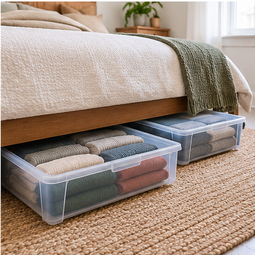 Clear under-bed storage bins filled with folded seasonal clothing