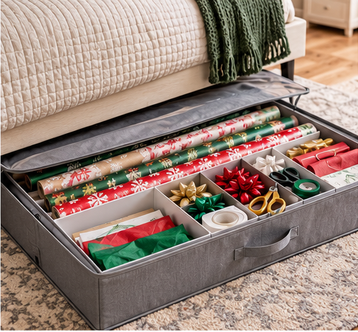 Under-bed wrapping paper storage case with gift wrap supplies organized inside
