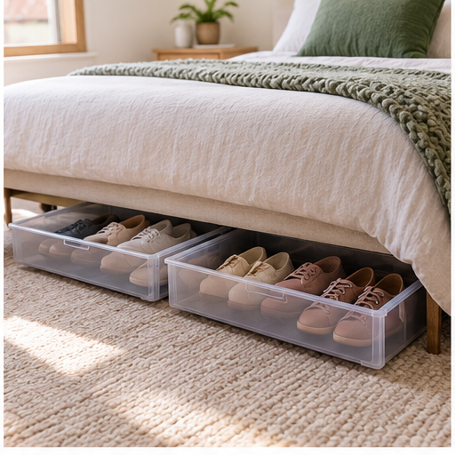 Under-bed shoe storage in a small bedroom