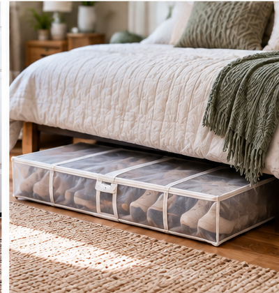 Under-bed shoe storage in a small bedroom