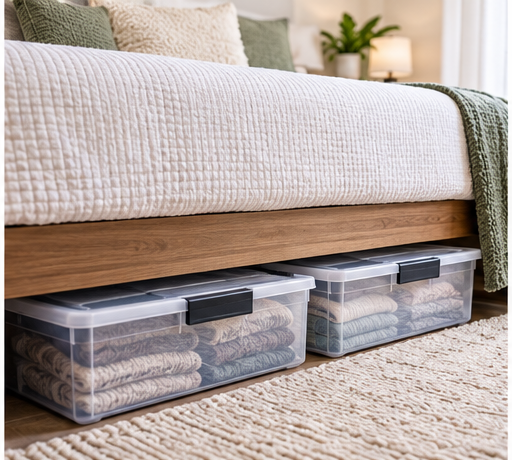 Under-bed storage bins in a small apartment bedroom