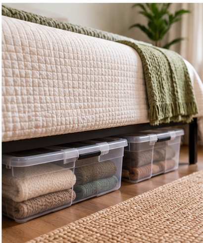 Clear under-bed storage bins filled with folded clothes and bedding