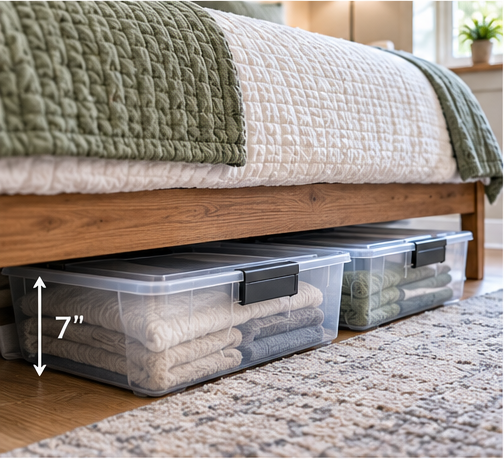 Low-profile under-bed storage bins with measured clearance beneath bed frame
