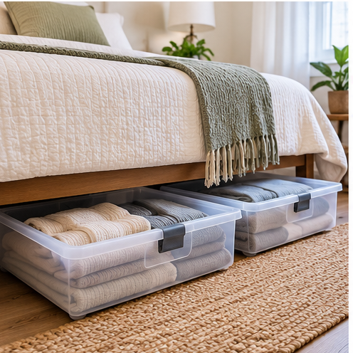 Clear under-bed storage bins filled with folded clothing and bedding