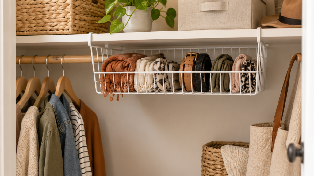 Under-shelf basket holding scarves and accessories in a closet
