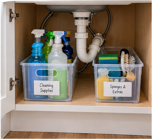 Two narrow storage bins arranged around plumbing under a sink