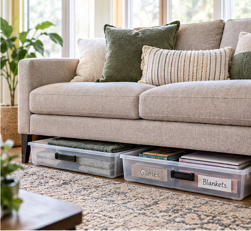 Low-profile storage bins under a sofa holding blankets and games