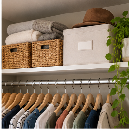 Upper closet shelf with baskets, folded blankets and seasonal storage