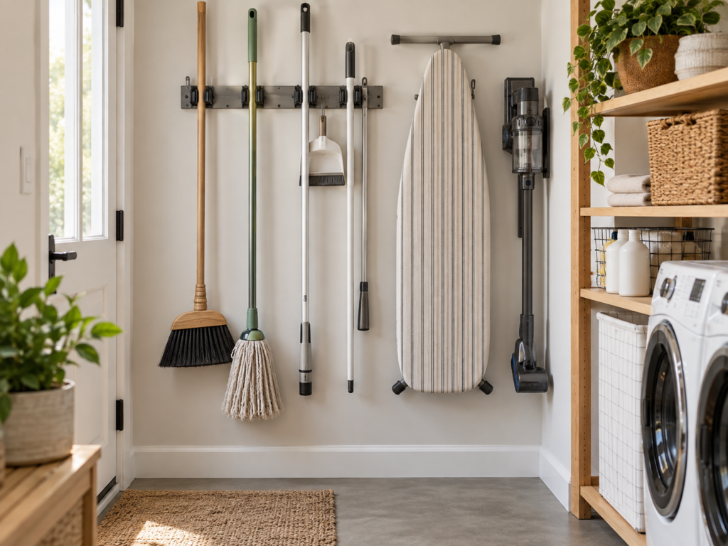 Brooms mop and ironing board stored vertically on a wall