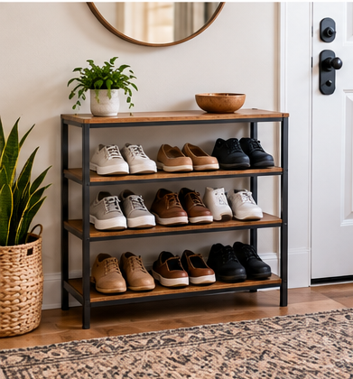 Small closet with an adjustable-width shoe rack placed beneath hanging clothing to demonstrate shallow floor storage.