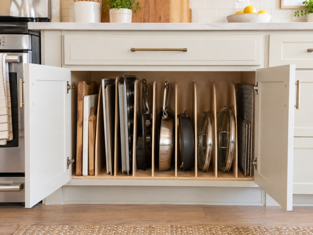 Lower kitchen cabinet with vertical dividers for pans, baking sheets and cutting boards