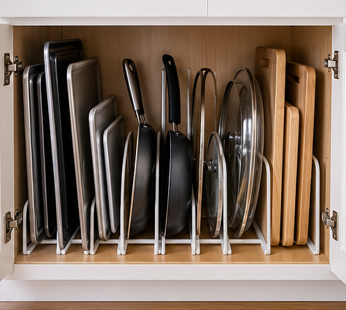 Deep kitchen cabinet with vertical dividers for pans, lids and cutting boards