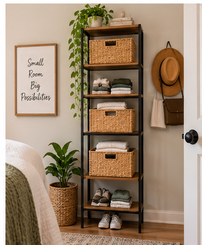 Tall narrow shelving unit with baskets, folded clothes and shoes