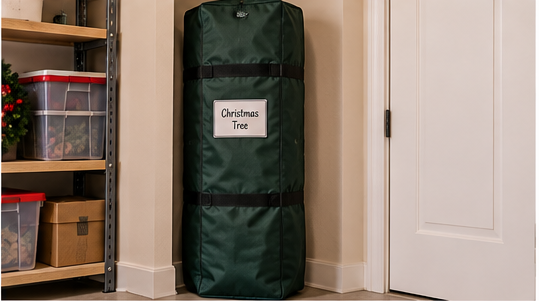 Artificial Christmas tree stored upright in a vertical storage bag