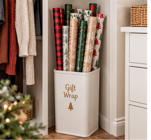 Wrapping paper rolls stored upright in a tall narrow bin in a closet