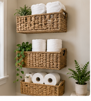 Wall-mounted baskets holding towels and toilet paper
