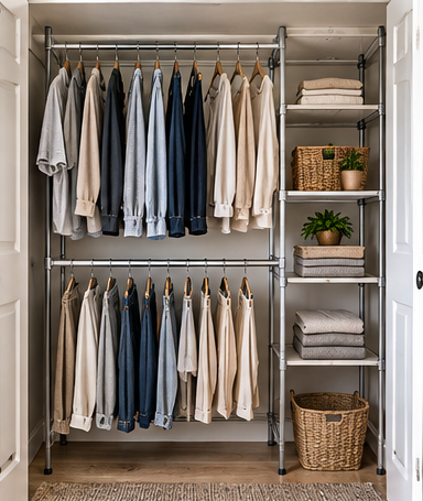 Double rod closet organizer with shelves in a small closet