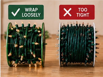 Loose and overly tight Christmas light wrapping compared side by side