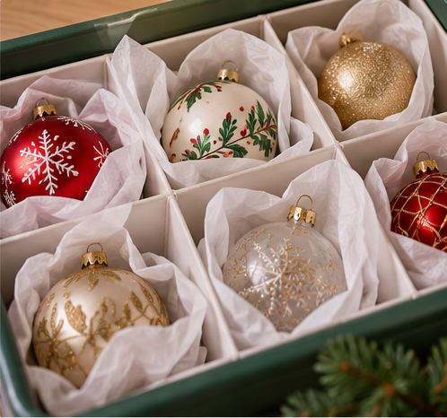 Fragile Christmas ornaments wrapped in tissue inside divided storage compartments