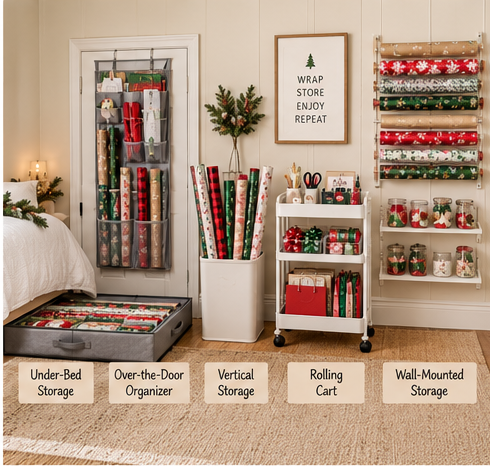 Under-bed over-door vertical rolling cart and wall-mounted wrapping paper storage ideas