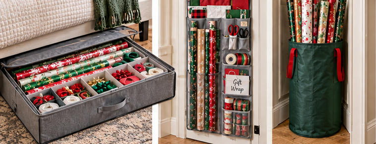 Under-bed hanging and upright Christmas wrapping paper storage options