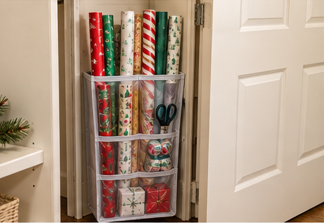 Wrapping paper rolls and gift supplies stored in a slim vertical organizer. How to store christmas decorations
