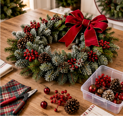 Christmas wreath prepared for storage with bow reshaped and loose decorations organized nearby